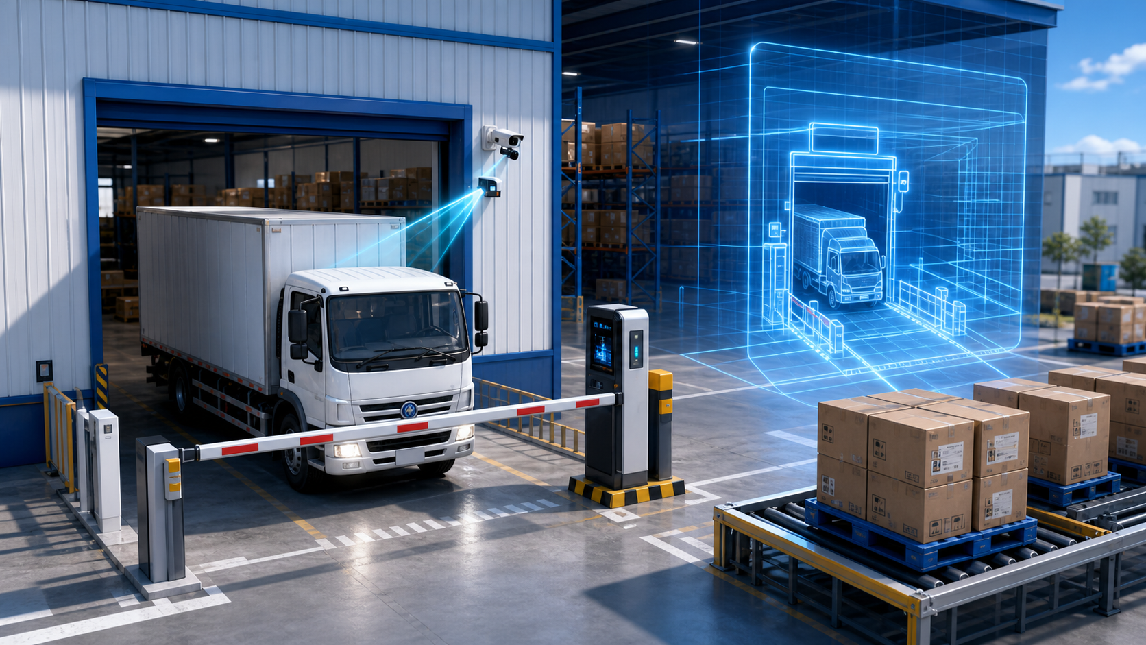 入库闸口、货车、摄像头、RFID 与待入库货箱场景